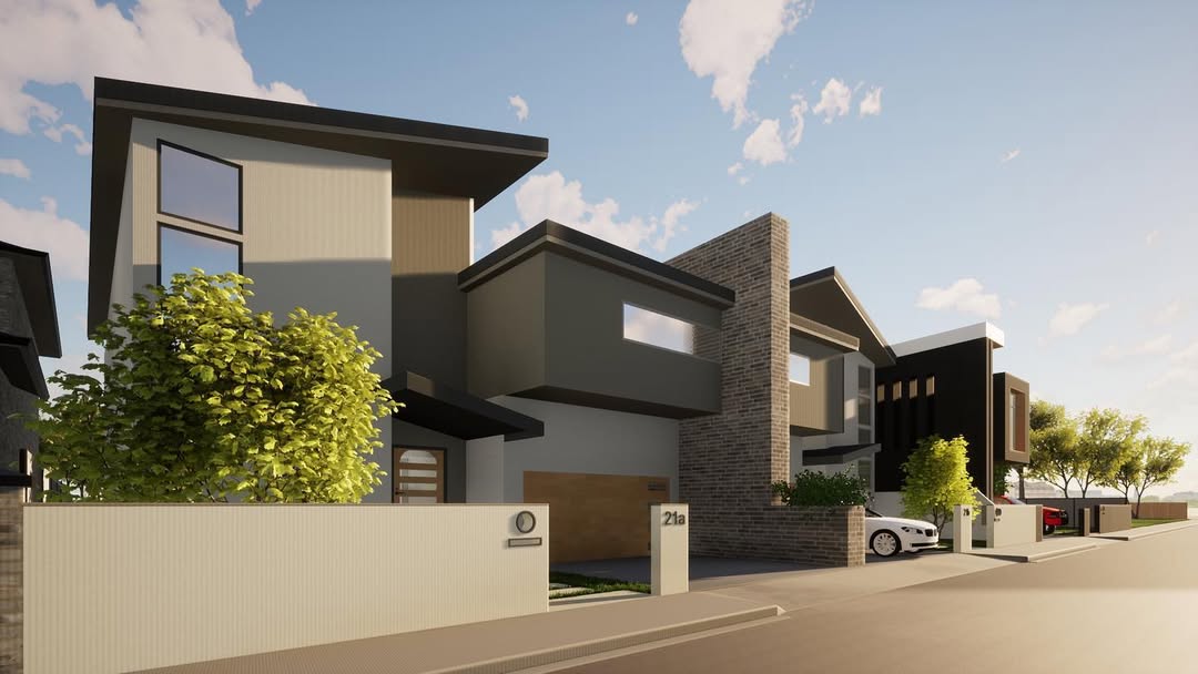 Streetscape render of a modern dual-occupancy home concept